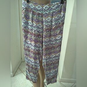 Printed Elastic-Waist Women's Pants Purple & TAN GEOMETRIC SHAPES SZ. SM XX THIN